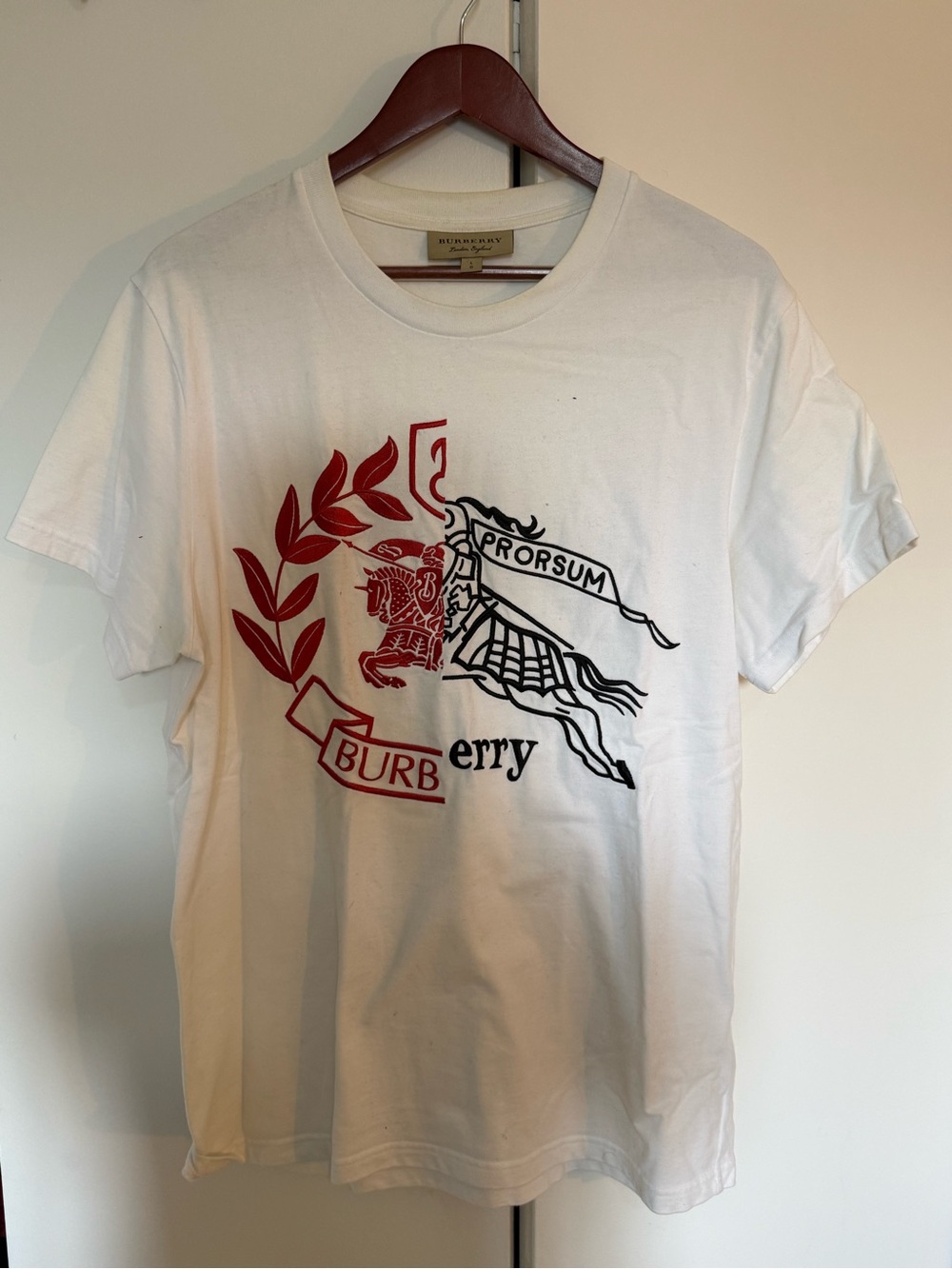 Burberry White Short Sleeve Tee with Red and Black Crest Graphic